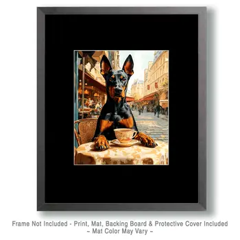Doberman Pinscher Having Tea - Pet Dog Still Life Wall Art Prints – 8″x10″ Artwork for 11″x14″ Frame