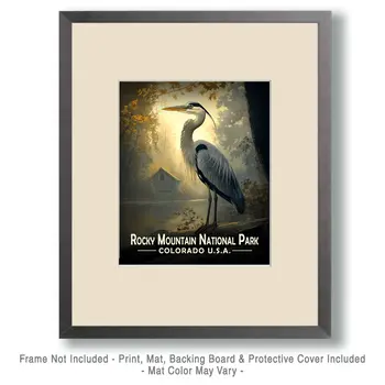 Heron & Cabin - Rocky Mountain Souvenir Art Prints - 8"x10" Artwork for 11"x14" Frame