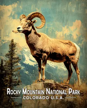Vintage Bighorn Sheep - Rocky Mountain Souvenir Art Prints - 8"x10" Artwork for 11"x14" Frame
