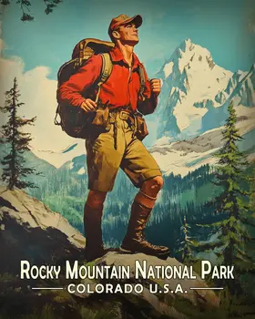 Vintage Hiker - Rocky Mountain Souvenir Art Prints - 8"x10" Artwork for 11"x14" Frame