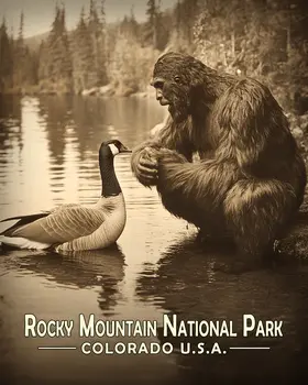 Bigfoot Talking to Canadian Goose - Rocky Mountain Souvenir Art Prints - 8"x10" Artwork for 11"x14" Frame