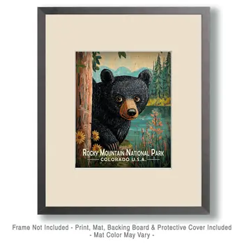 Folk Art Bear Cub - Rocky Mountain Souvenir Art Prints - 8"x10" Artwork for 11"x14" Frame