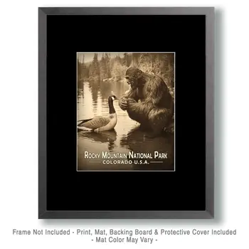 Bigfoot Talking to Canadian Goose - Rocky Mountain Souvenir Art Prints - 8"x10" Artwork for 11"x14" Frame