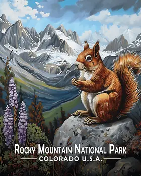 Squirrel & Lupine - Rocky Mountain Souvenir Art Prints - 8"x10" Artwork for 11"x14" Frame