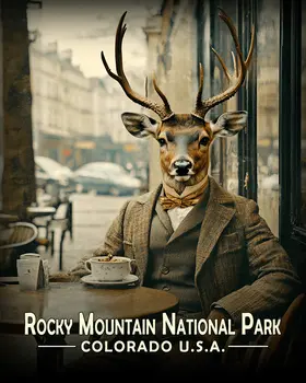 Buck Deer at Cafe - Rocky Mountain Souvenir Art Prints - 8"x10" Artwork for 11"x14" Frame