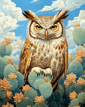 Owl and Cactus - American Southwest Art Prints - 8"x10" Artwork for 11"x14" Frame