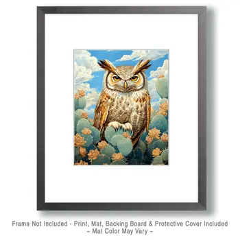 Owl and Cactus - American Southwest Art Prints - 8"x10" Artwork for 11"x14" Frame