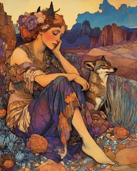 Young Woman with Pet Coyote - American Southwest Art Prints - 8"x10" Artwork for 11"x14" Frame