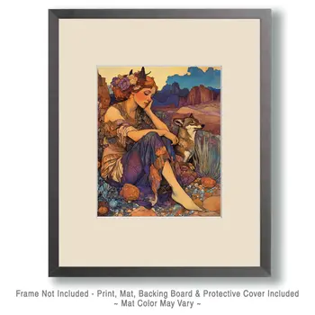 Young Woman with Pet Coyote - American Southwest Art Prints - 8"x10" Artwork for 11"x14" Frame