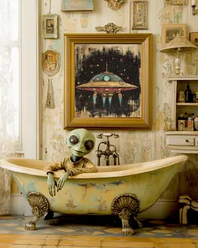 Alien in a Bathtub - Aliens, Spaceships  Outer-Space Wall Art Prints – 8″x10″ Artwork for 11″x14″ Frame