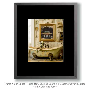 Alien in a Bathtub - Aliens, Spaceships  Outer-Space Wall Art Prints – 8″x10″ Artwork for 11″x14″ Frame