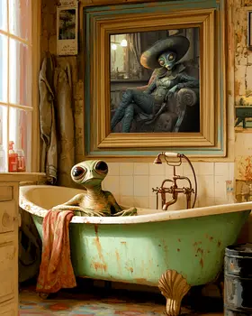 Alien Relaxing in a Bathtub - Aliens, Spaceships  Outer-Space Wall Art Prints – 8″x10″ Artwork for 11″x14″ Frame