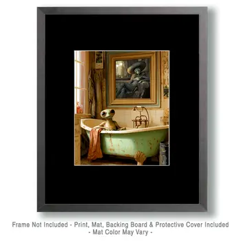 Alien Relaxing in a Bathtub - Aliens, Spaceships  Outer-Space Wall Art Prints – 8″x10″ Artwork for 11″x14″ Frame