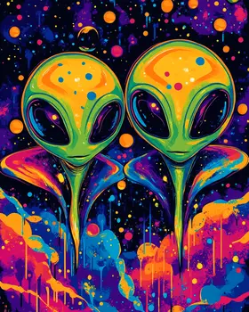 Cosmic Alien Pair - Aliens, Spaceships  Outer-Space Wall Art Prints – 8″x10″ Artwork for 11″x14″ Frame