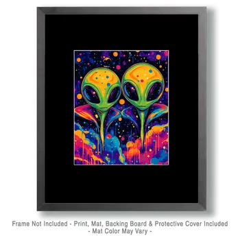 Cosmic Alien Pair - Aliens, Spaceships  Outer-Space Wall Art Prints – 8″x10″ Artwork for 11″x14″ Frame