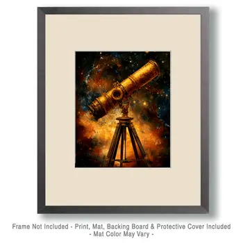 Antique Telescope - Aliens, Spaceships  Outer-Space Wall Art Prints – 8″x10″ Artwork for 11″x14″ Frame