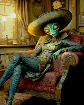 Alien Cowgirl Relaxing - Aliens, Spaceships  Outer-Space Wall Art Prints – 8″x10″ Artwork for 11″x14″ Frame