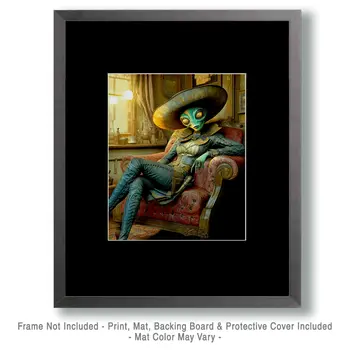 Alien Cowgirl Relaxing - Aliens, Spaceships  Outer-Space Wall Art Prints – 8″x10″ Artwork for 11″x14″ Frame