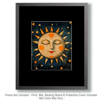 Early Folk Art Sun - Aliens, Spaceships  Outer-Space Wall Art Prints – 8″x10″ Artwork for 11″x14″ Frame