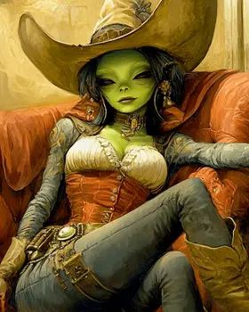 Green Alien Cowgirl - Aliens, Spaceships  Outer-Space Wall Art Prints – 8″x10″ Artwork for 11″x14″ Frame