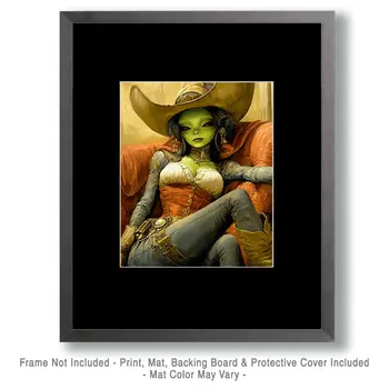 Green Alien Cowgirl - Aliens, Spaceships  Outer-Space Wall Art Prints – 8″x10″ Artwork for 11″x14″ Frame