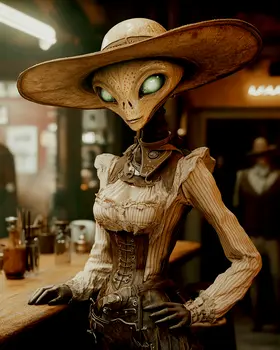 Cowgirl Alien #1 - Aliens, Spaceships  Outer-Space Wall Art Prints – 8″x10″ Artwork for 11″x14″ Frame