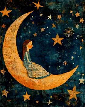 Girl Sitting on Crescent Moon - Aliens, Spaceships  Outer-Space Wall Art Prints – 8″x10″ Artwork for 11″x14″ Frame
