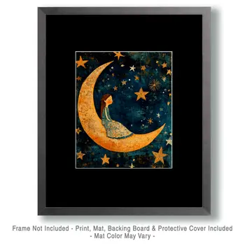 Girl Sitting on Crescent Moon - Aliens, Spaceships  Outer-Space Wall Art Prints – 8″x10″ Artwork for 11″x14″ Frame