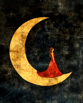 Lady in Red Dress Standing on Crescent Moon - Aliens, Spaceships  Outer-Space Wall Art Prints – 8″x10″ Artwork for 11″x14″ Frame