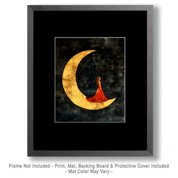 Lady in Red Dress Standing on Crescent Moon - Aliens, Spaceships  Outer-Space Wall Art Prints – 8″x10″ Artwork for 11″x14″ Frame