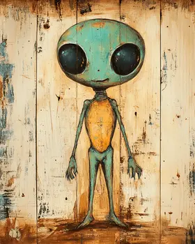 Cute Folk Art Alien - Aliens, Spaceships  Outer-Space Wall Art Prints – 8″x10″ Artwork for 11″x14″ Frame