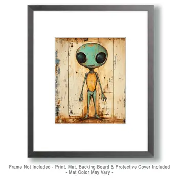 Cute Folk Art Alien - Aliens, Spaceships  Outer-Space Wall Art Prints – 8″x10″ Artwork for 11″x14″ Frame