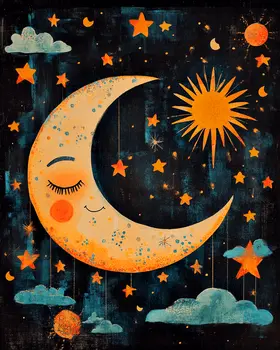 Folk Art Sleeping Crescent Moon - Aliens, Spaceships  Outer-Space Wall Art Prints – 8″x10″ Artwork for 11″x14″ Frame
