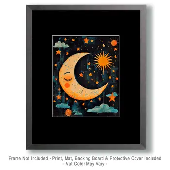 Folk Art Sleeping Crescent Moon - Aliens, Spaceships  Outer-Space Wall Art Prints – 8″x10″ Artwork for 11″x14″ Frame
