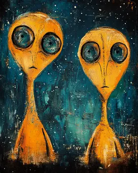 Curious Alien Couple - Aliens, Spaceships  Outer-Space Wall Art Prints – 8″x10″ Artwork for 11″x14″ Frame