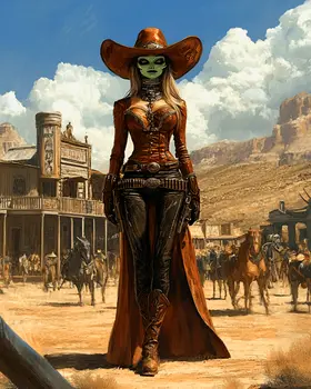 Alien Cowgirl Gunslinger - Aliens, Spaceships  Outer-Space Wall Art Prints – 8″x10″ Artwork for 11″x14″ Frame