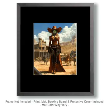 Alien Cowgirl Gunslinger - Aliens, Spaceships  Outer-Space Wall Art Prints – 8″x10″ Artwork for 11″x14″ Frame