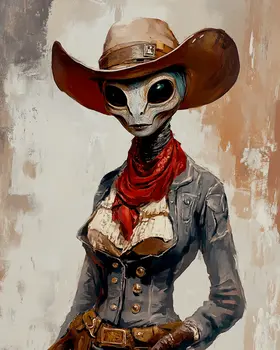 Cowgirl Visitor - Aliens, Spaceships  Outer-Space Wall Art Prints – 8″x10″ Artwork for 11″x14″ Frame