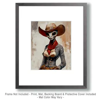 Cowgirl Visitor - Aliens, Spaceships  Outer-Space Wall Art Prints – 8″x10″ Artwork for 11″x14″ Frame