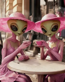 Two Aliens in Pink Having Tea - Aliens, Spaceships  Outer-Space Wall Art Prints – 8″x10″ Artwork for 11″x14″ Frame