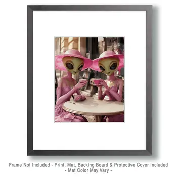 Two Aliens in Pink Having Tea - Aliens, Spaceships  Outer-Space Wall Art Prints – 8″x10″ Artwork for 11″x14″ Frame