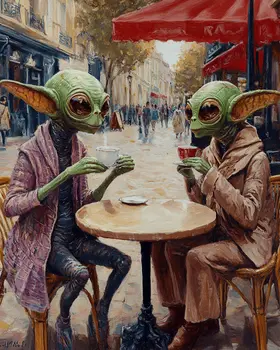 Two Aliens Having Tea - Aliens, Spaceships  Outer-Space Wall Art Prints – 8″x10″ Artwork for 11″x14″ Frame
