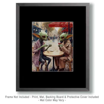 Two Aliens Having Tea - Aliens, Spaceships  Outer-Space Wall Art Prints – 8″x10″ Artwork for 11″x14″ Frame