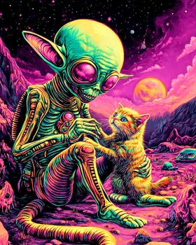 Cosmic Kitty & Friend - Aliens, Spaceships  Outer-Space Wall Art Prints – 8″x10″ Artwork for 11″x14″ Frame