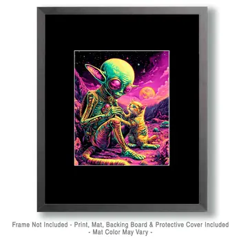 Cosmic Kitty & Friend - Aliens, Spaceships  Outer-Space Wall Art Prints – 8″x10″ Artwork for 11″x14″ Frame