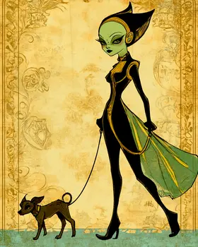 Alien Lady Walking Her Dog - Aliens, Spaceships  Outer-Space Wall Art Prints – 8″x10″ Artwork for 11″x14″ Frame