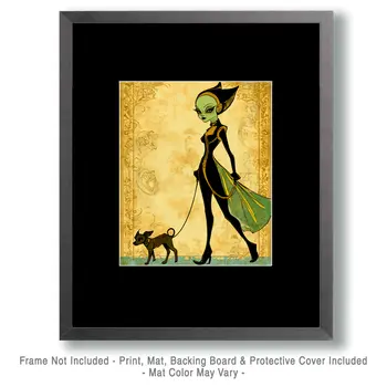 Alien Lady Walking Her Dog - Aliens, Spaceships  Outer-Space Wall Art Prints – 8″x10″ Artwork for 11″x14″ Frame