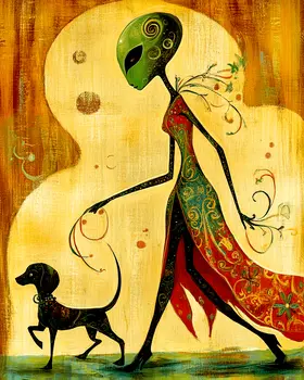 Alien Walking Her Dog - Aliens, Spaceships  Outer-Space Wall Art Prints – 8″x10″ Artwork for 11″x14″ Frame