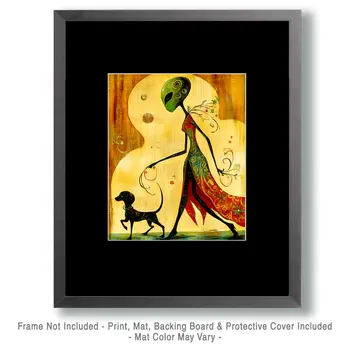 Alien Walking Her Dog - Aliens, Spaceships  Outer-Space Wall Art Prints – 8″x10″ Artwork for 11″x14″ Frame
