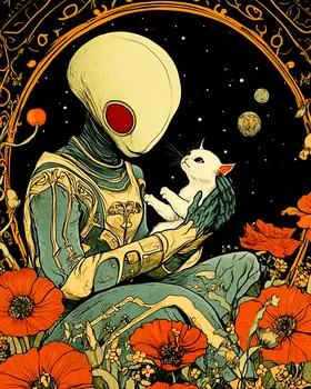 Alien and Kitten - Aliens, Spaceships  Outer-Space Wall Art Prints – 8″x10″ Artwork for 11″x14″ Frame